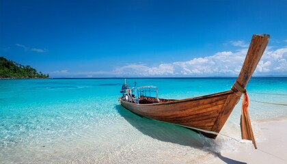 Obraz premium a wooden boat rests on a pristine sandy beach with clear turquoise waters and a bright blue sky evoking a sense of tranquility and escape