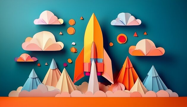 papercraft rocket launching into a vibrant sky with clouds and mountains