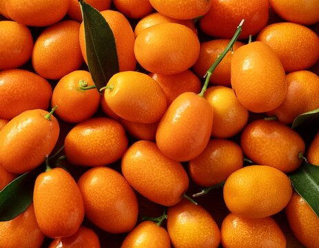 close up background of fresh sweet ripe mini kumquat fruits piled together with stems at daylight