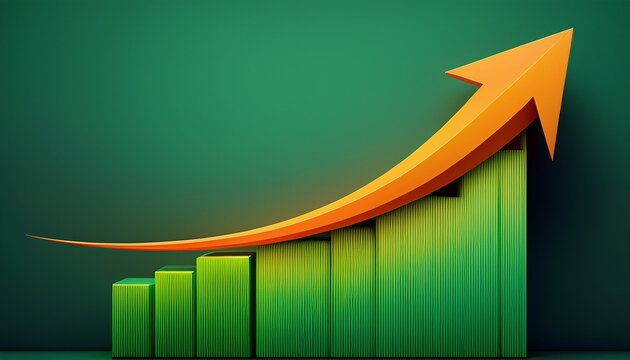 green bar chart with orange arrow showing upward trend and growth
