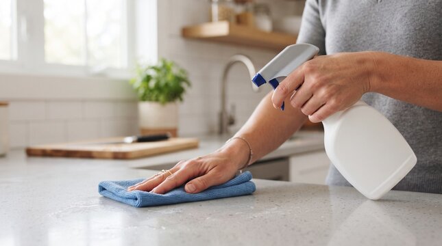 Woman cleaning kitchen countertop with spray bottle and cloth for hygiene and tidiness