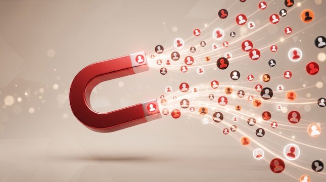 Red horseshoe magnet attracting people icons with light trails