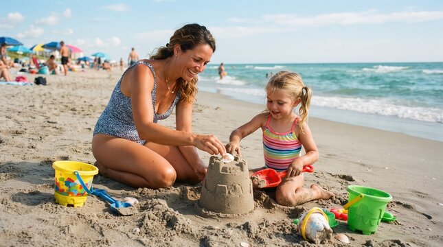 Mother and daughter building a sandcastle on a sunny beach vacation