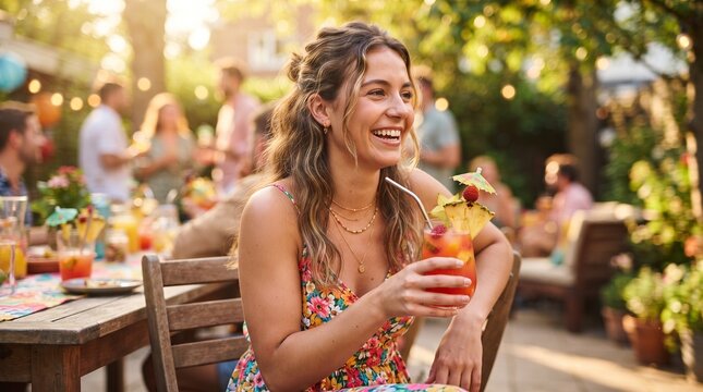 Woman laughing holding tropical cocktail at a sunny garden party with friends