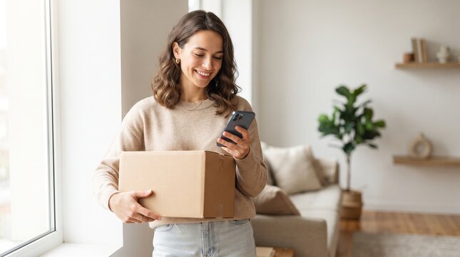 Woman holding package and using smartphone at home