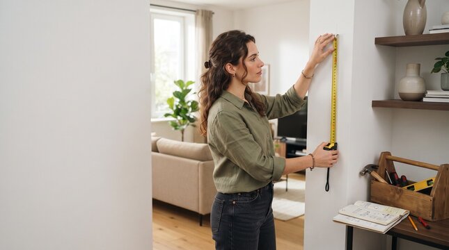 Woman measuring wall height with tape measure for home renovation