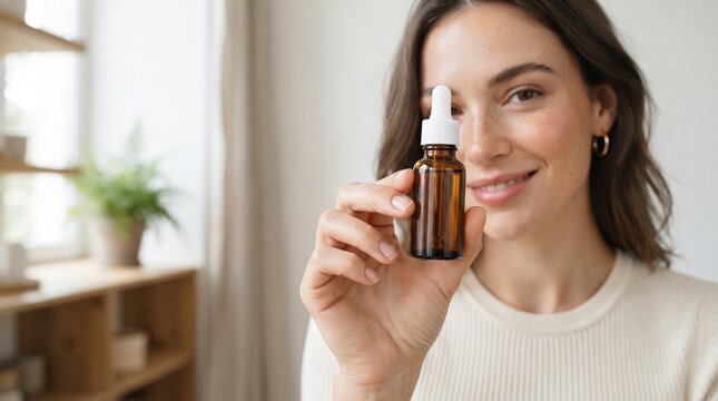 Woman holding a dropper bottle of serum for skincare or beauty treatment