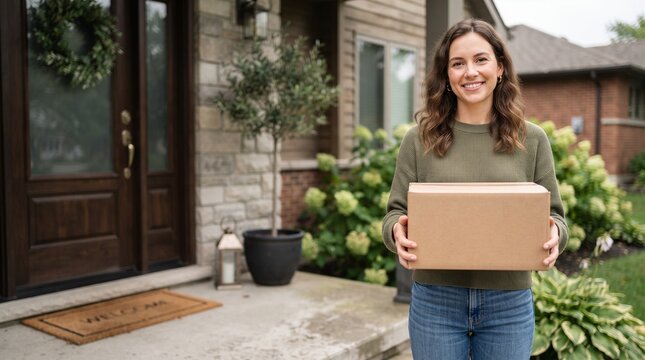 Woman holding a package in front of her house