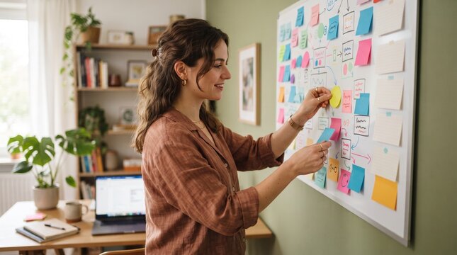 Woman planning with sticky notes on a whiteboard in a home office