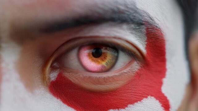 Extreme macro photorealistic footage of a fictional adult male football supporter's eye, vivid pink rose iris with Japanese flag face paint