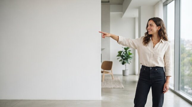Woman pointing to a blank wall in a modern apartment with large windows