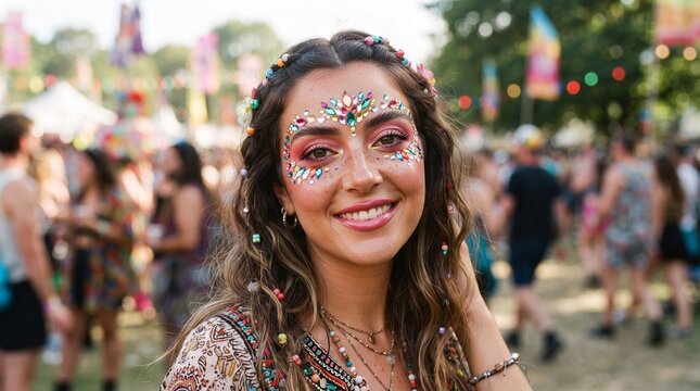 Young Woman with Festival Face Gems and Colorful Hair Beads Smiling at Outdoor Event