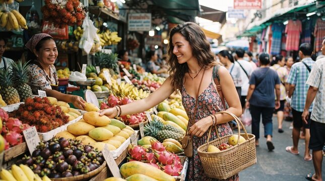 Woman shopping for fresh tropical fruits at a vibrant outdoor market stall
