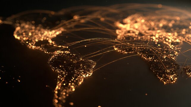 A dark background with a world map connected by glowing lines. It represents ideas of sales and passive income.