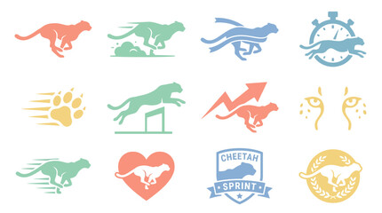Obraz premium Sprint badges and cheetah performance icons in pastel