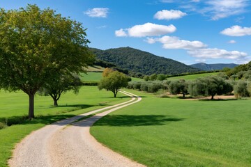 Fototapeta premium Winding gravel path leading through green fields and olive trees
