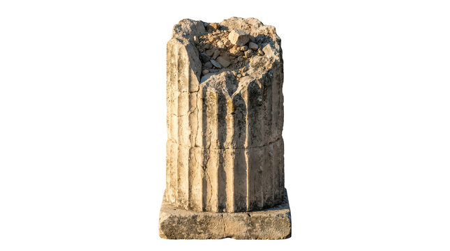 Ancient stone column fragment with fluting detail in bright daylight isolated on transparent background