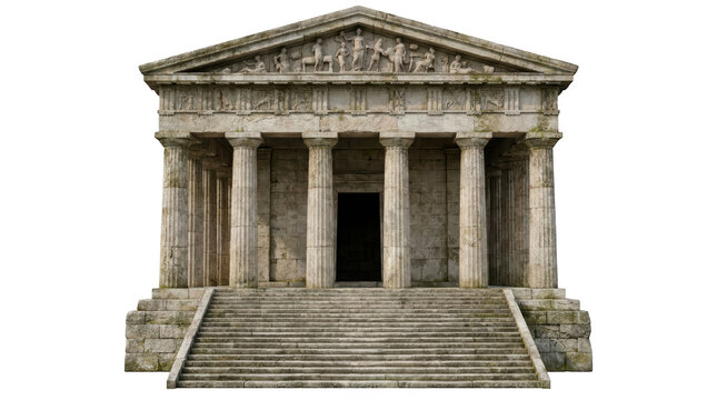 Ancient Greek temple facade with Doric columns and pediment sculptures Isolated on transparent background