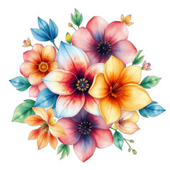 Obraz premium Watercolor floral arrangement with colorful flowers and leaves