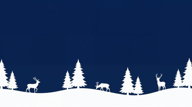 Peaceful winter night landscape border featuring white silhouettes of wild deer and fir trees on snowy terrain against a dark blue background, flat minimalist holiday copy space