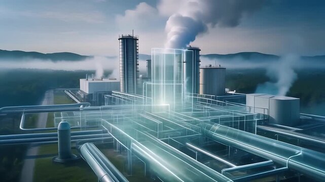 Industrial Complex at Dawn: A sprawling industrial complex with towering structures and intricate pipe systems operates under a misty dawn sky, emitting plumes of steam into the cool morning air.
