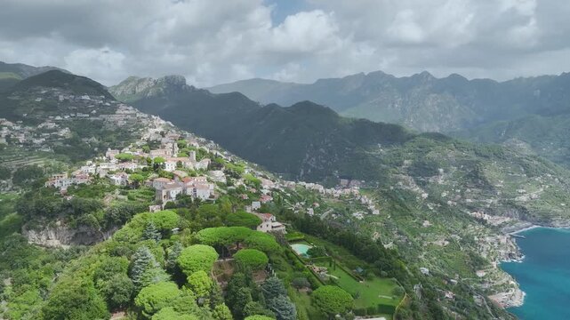 Ravello from a drone, Amalfi Coast, Tyrrhenian Sea, Salerno, Campania, Italy