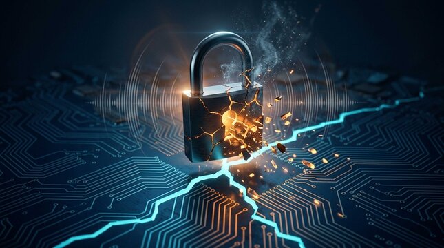 Glowing metallic padlock shatters on a cracked circuit board background, symbolizing data breach and severe cyber security vulnerability