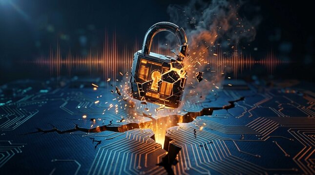 Glowing metallic padlock shatters on a cracked circuit board background, symbolizing data breach and severe cyber security vulnerability