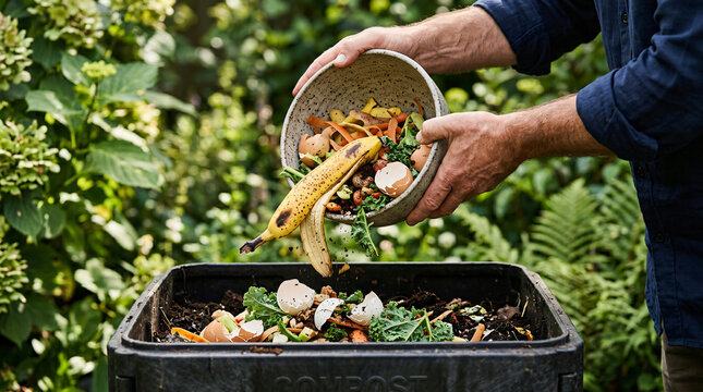 Person pouring organic food scraps into a backyard compost bin for sustainable waste management.