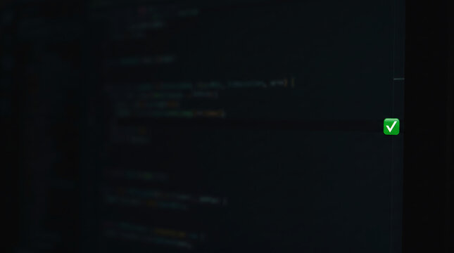 Close up of a dark computer screen displaying blurred software programming code with a green checkmark indicating success