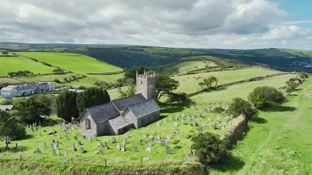 The Parish of Saint John the Evangelist Countisbury from a drone, Countisbury, Lynton, Devon, England, United Kingdom