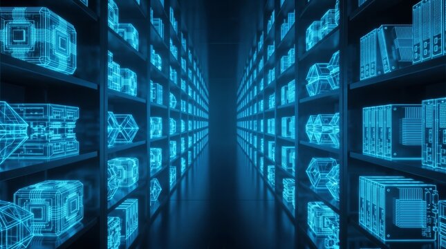 Abstract blue glowing wireframe data modules on server racks, futuristic digital storage block chain technology and virtual cloud hardware architecture