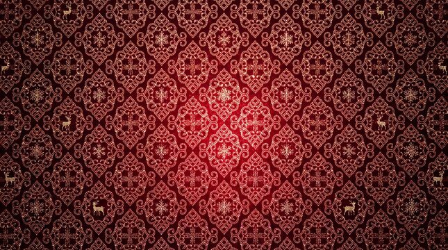 Red and gold damask pattern with snowflakes and tiny reindeer motifs, classic winter holiday background texture and festive seasonal decoration