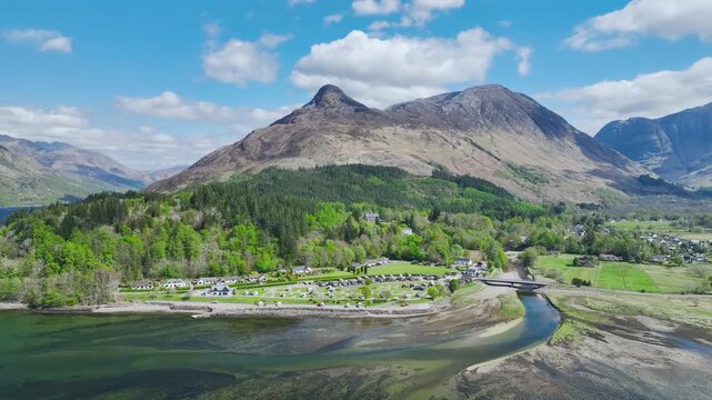 Loch Leven and Holiday Parkfrom a drone, Glencoe, Highland, Scotland, United Kingdom