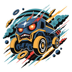 Futuristic Monster Truck with Angry Face Design. © om