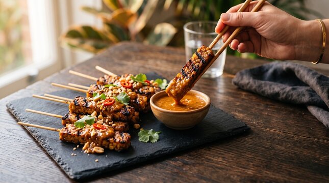 Grilled Tempeh Satay with Peanut Sauce, Modern Indonesian Vegan Fusion Dish