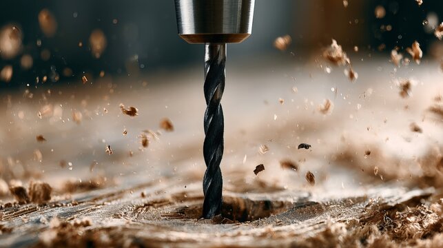 Drill bit piercing wood, creating dust, represents construction power and precision against a muted, dark, textured backdrop