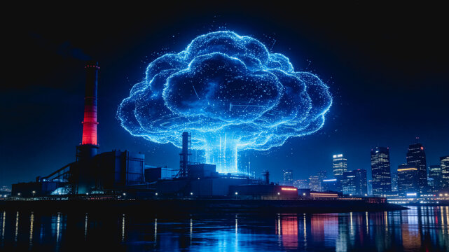 A glowing blue digital hologram of a nuclear explosion appears over an industrial waterfront city at night, with building reflections in water.