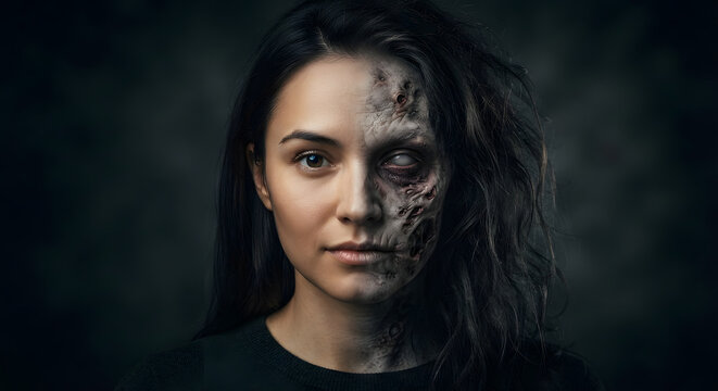 Halloween zombie girl separated in human side and zombie side