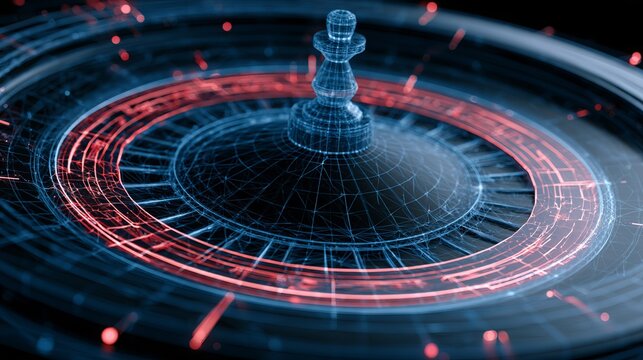 Glowing roulette wheel spinning with a digital ball resting on the surface, representing chance, gaming, and risk