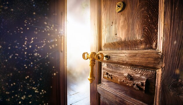 old wooden door with a vintage golden handle slightly ajar revealing a bright mysterious light and floating dust symbolizes new beginnings opportunities or a hidden path