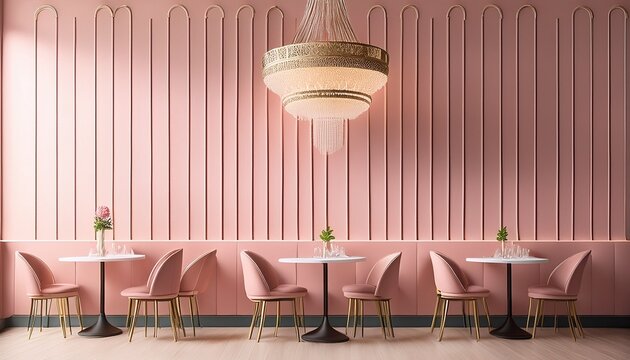 cafeteria background with elegant chandelier and pastel pink wall