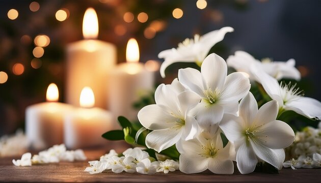 white flowers with candles in the background