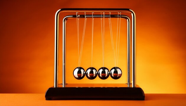 newtonrs cradle with spheres against vivid orange physics background