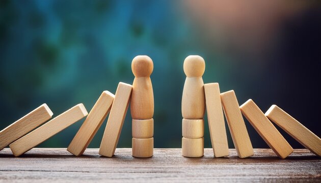wooden figurines domino barrier separation conflict concept