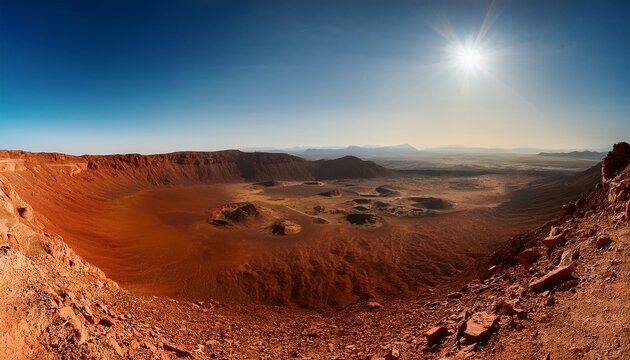 panoramic view of a red martian crater under a hazy sun