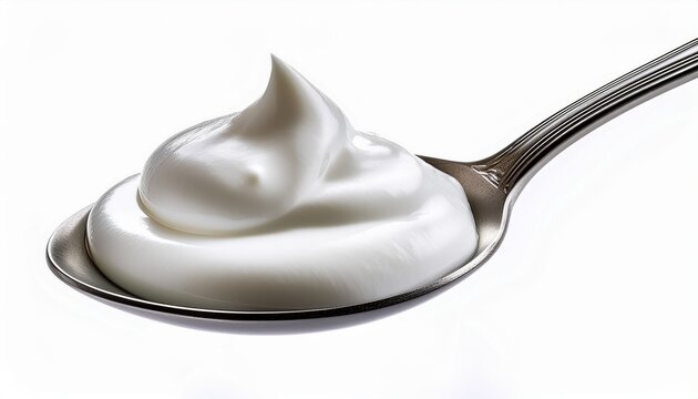 close up of a dollop of fresh creamy white yogurt or sour cream on a silver spoon isolated on a clean white background