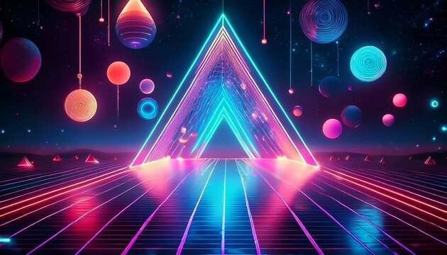 neon shapes float in dark space during a digital art display at night