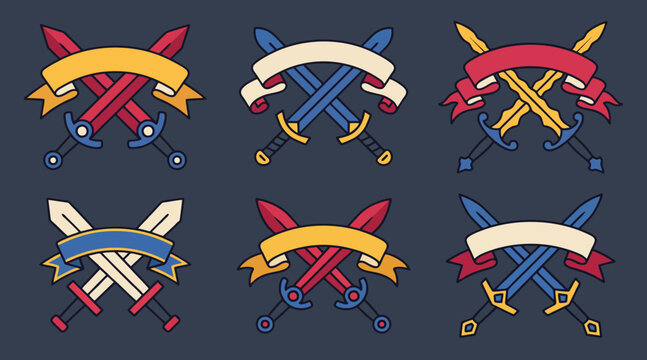 Crossed medieval swords and decorative ribbons vector illustration set with flat colorful designs and simple shapes