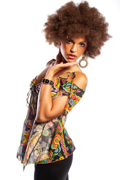 Glamorous Retro Woman with Afro Hair Posing for Portrait